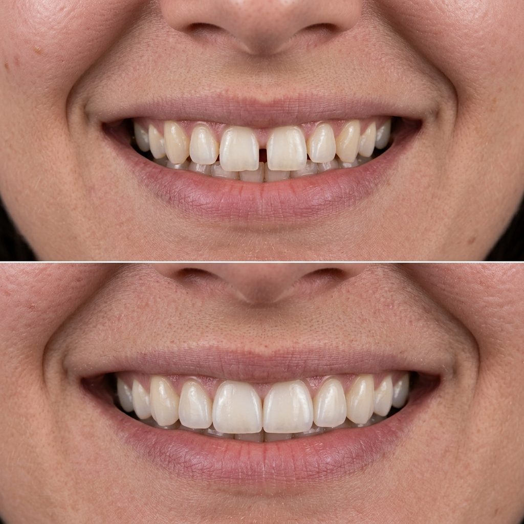 Antes e depois de fechamento de espaço entre os dentes da frente