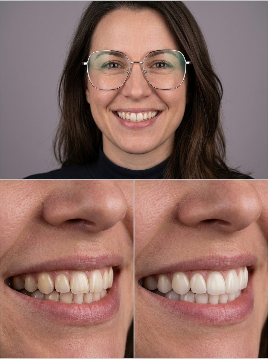 Paciente sorrindo e comparação do sorriso antes e depois do tratamento