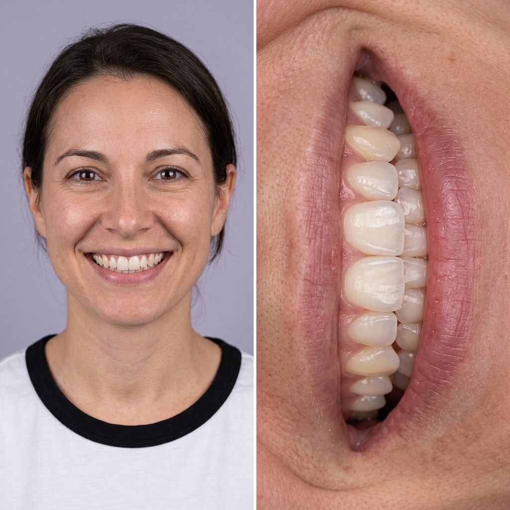 Paciente sorrindo e detalhe da arcada dentária reabilitada