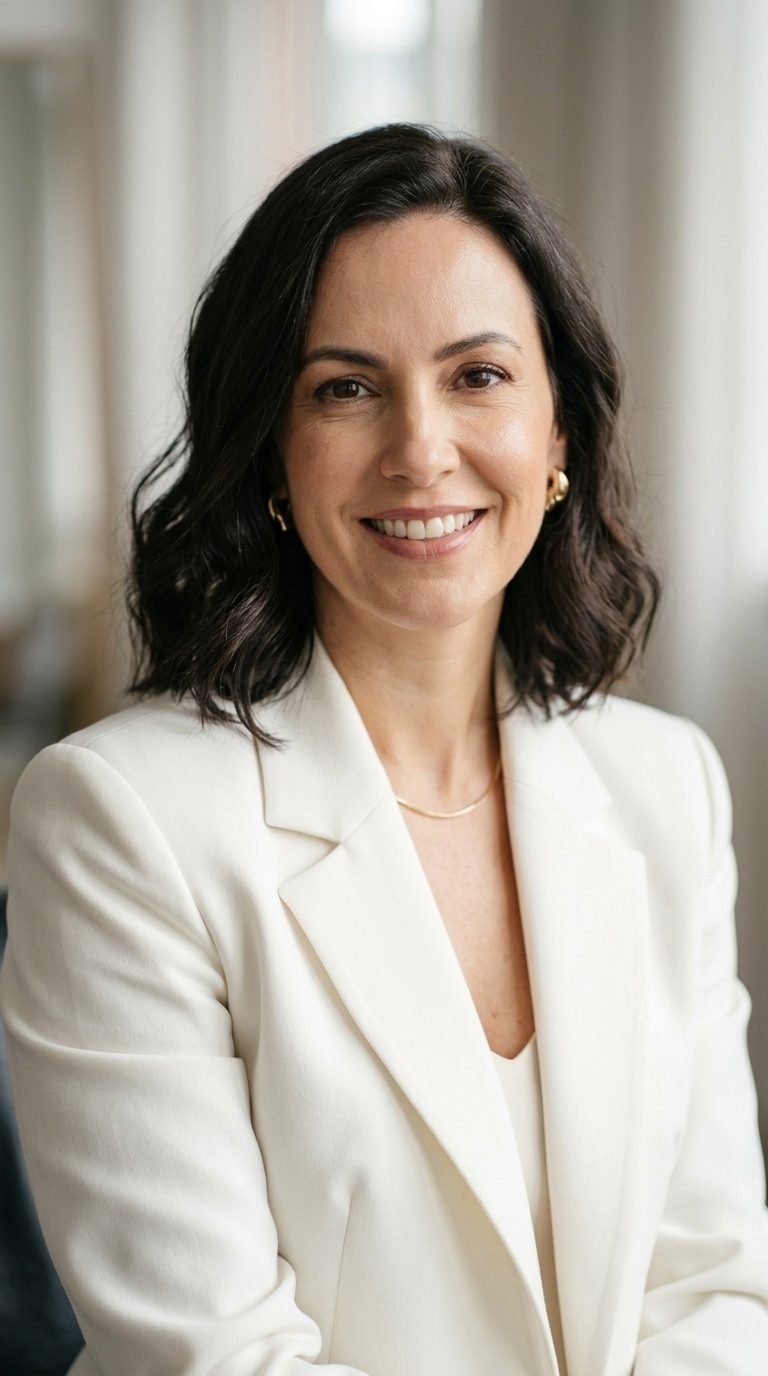 Dra. Luiza Porto, cirurgiã-dentista, sorrindo de blazer branco