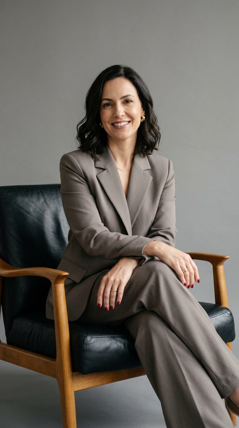 Dra. Luiza Porto sentada em poltrona, sorrindo